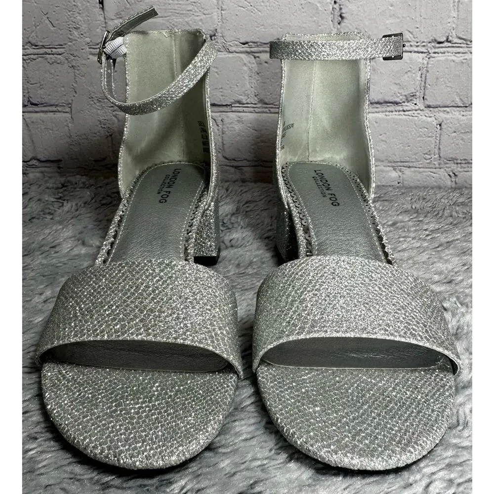 London Fog Nikki Silver Glitter Ankle Strap Block Heels 6.5M Bling Pumps Wedding